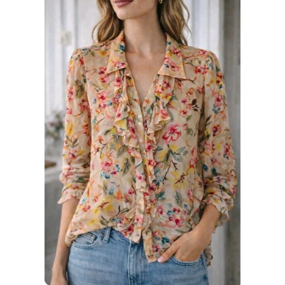 Vintage Floral Semi Sheer Ruffle Night Out Long Sleeve Work Career Blouse Sz 10